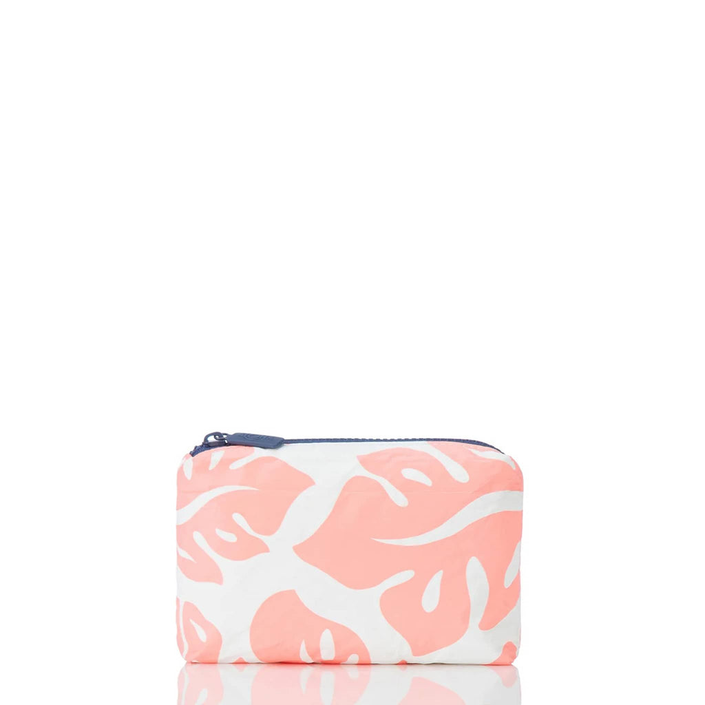 Aloha Collection Tropical Laule'a mini splash-proof zip pouch with coral leaf print on a white backdrop, front view.