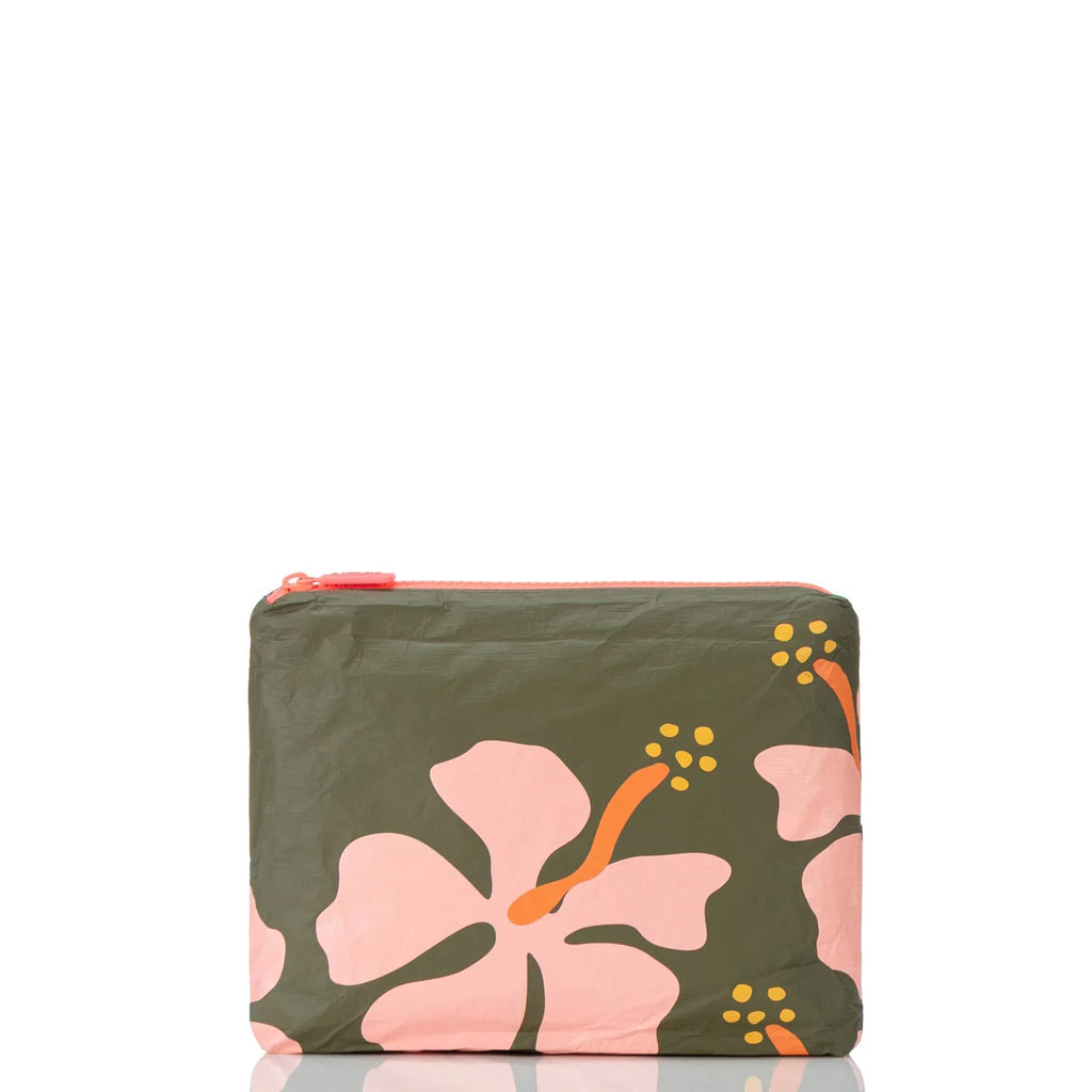 Aloha Collection Bellini on Olive Mo'orea small splash-proof zip pouch with coral hibiscus flower print on an olive green backdrop, front view.