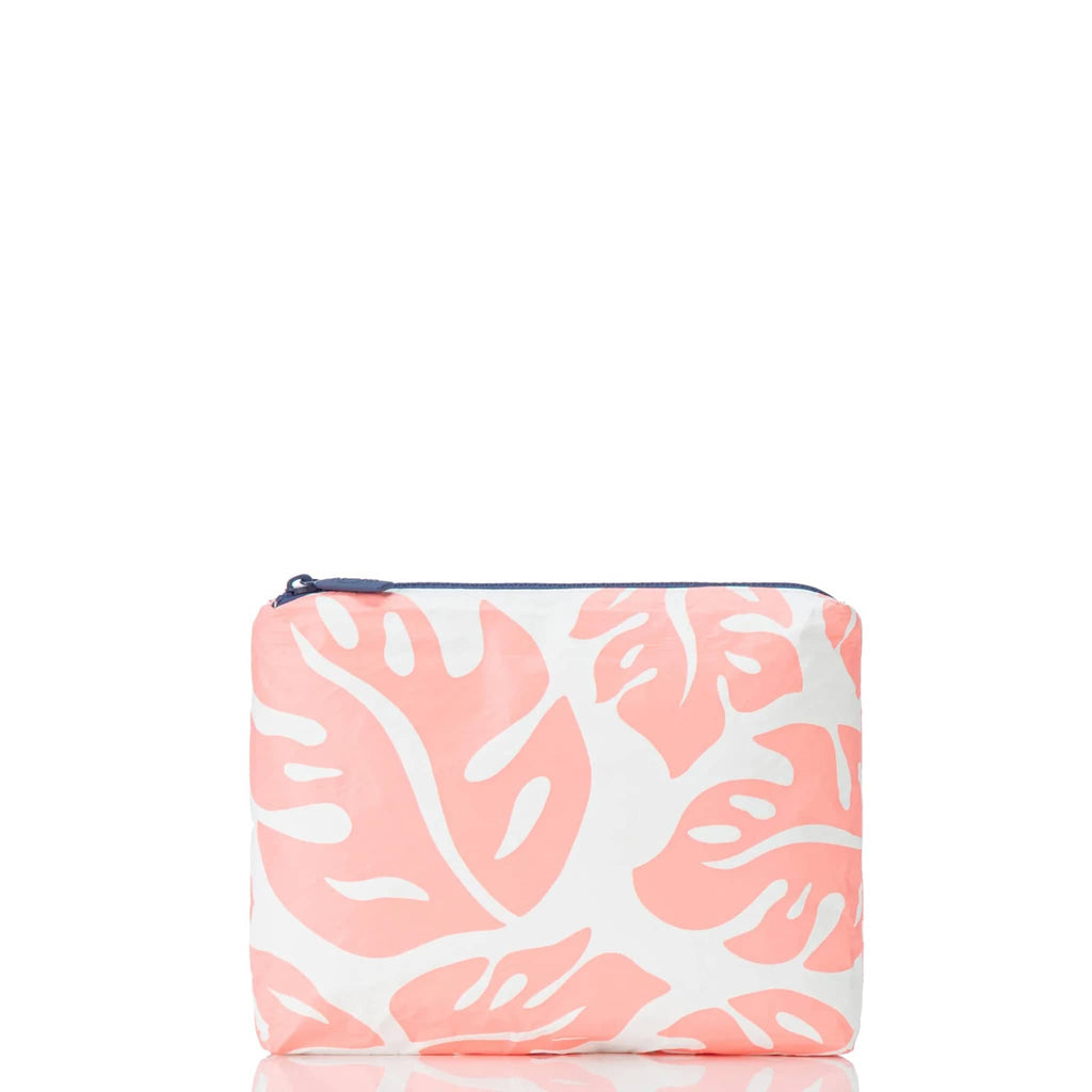 Aloha Collection Tropical Laule'a small splash-proof zip pouch with coral leaf print on a white backdrop, front view.