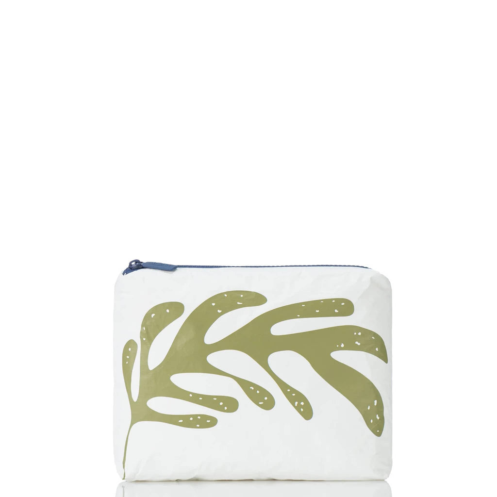 Aloha Collection Olive on White Laua'e small splash-proof zip pouch with olive fern leaf print on a white backdrop, front view.