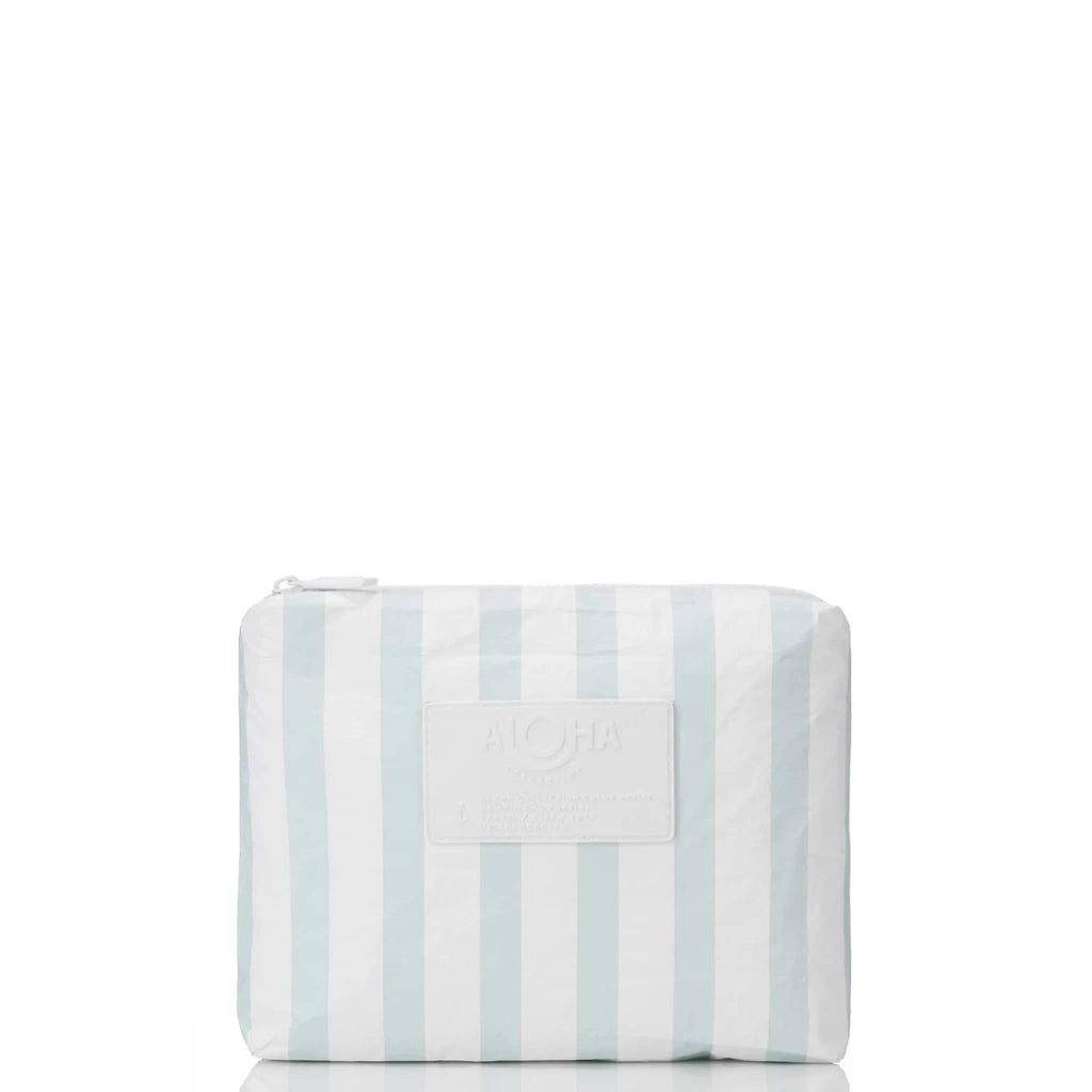 Aloha Collection Le Stripe small splash-proof zip pouch with light blue and white vertical stripes, front view.