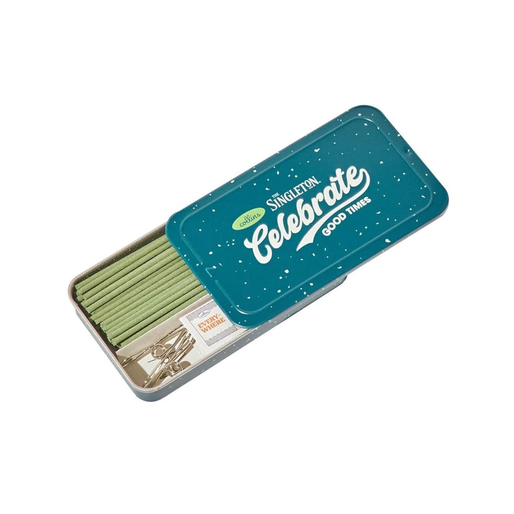 Ameico Collins Celebrate Good Times apple scented incense sticks in teal green tin packaging, tin lid is slid halfway open to show the green incense sticks inside along with an incense clip and instructions.