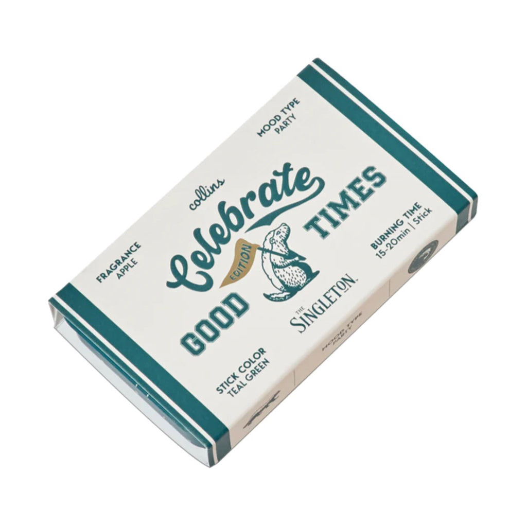 Ameico Collins Celebrate Good Times apple scented incense sticks in teal green tin packaging with teal green and white outer sleeve.