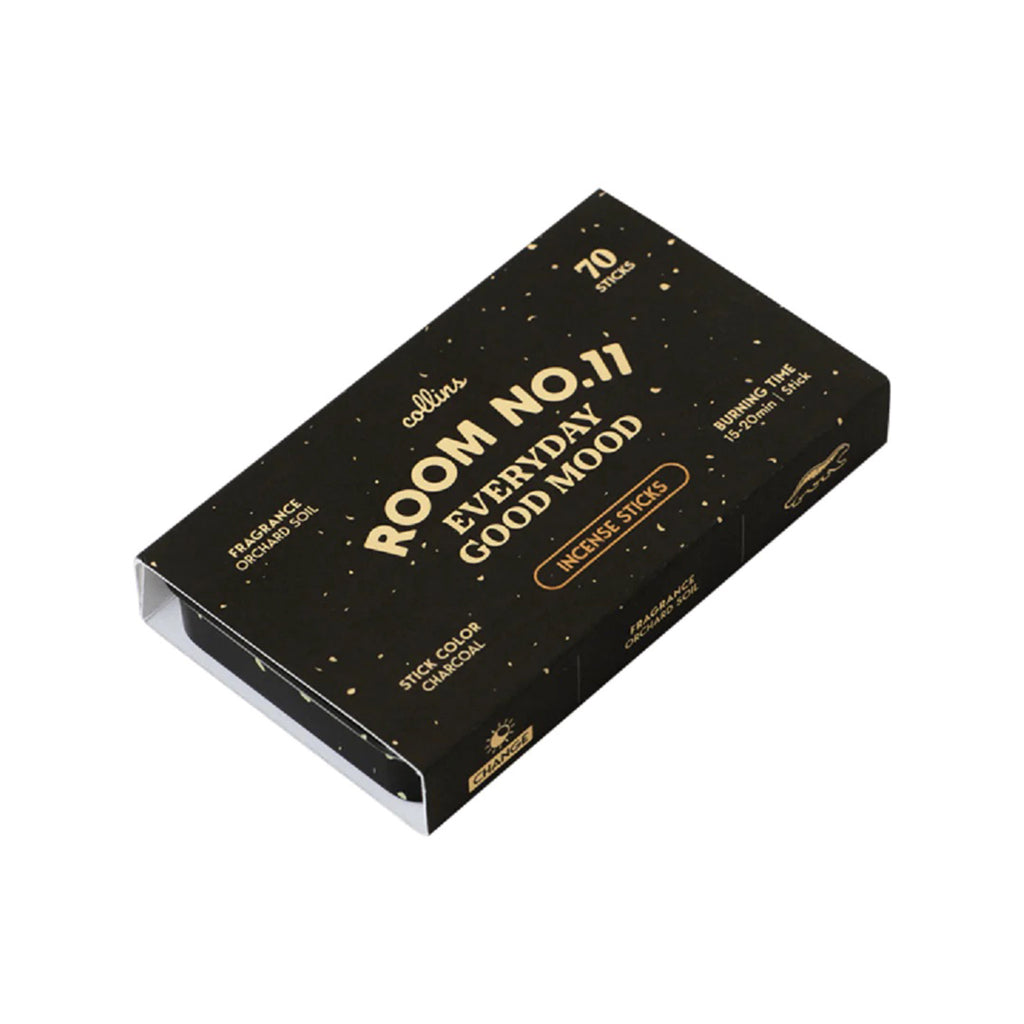 Ameico Collins Room Number 11 orchard soil scented incense sticks in black tin packaging with black outer sleeve.