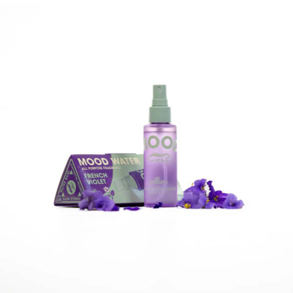 Mood water bottle and packaging with violets on a white background.