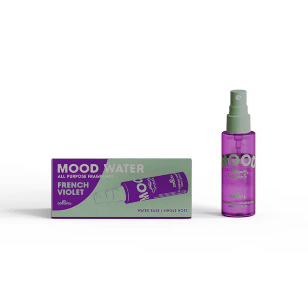 Purple spray bottle and packaging of Mood Water in French Violet on a white background.