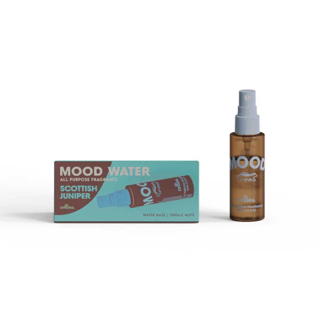 Collins Mood Water Fragrance Spray in Scottish Juniper, bottle with packaging on a white background.