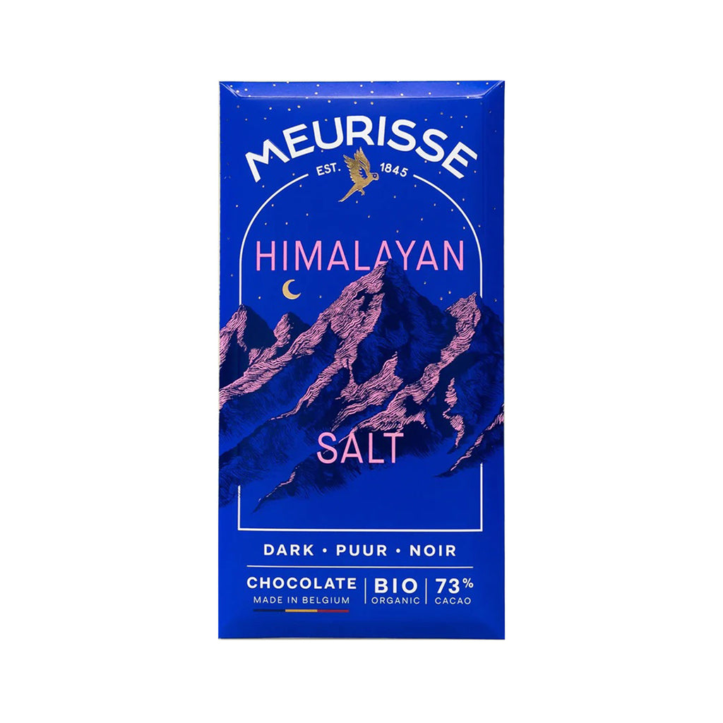 Ameico Meurisse Himalayan Salt 73% dark chocolate bar in dark royal blue packaging with an illustration of pink mountains and a gold foil crescent moon.