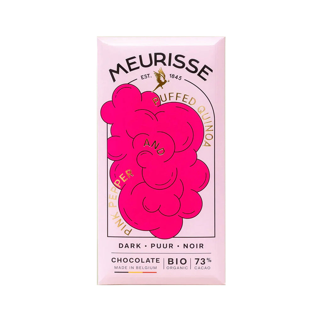 Ameico Meurisse Puffed Quinoa and Pink Pepper 73% dark chocolate bar in pale pink packaging with a dark pink cloud illustration.