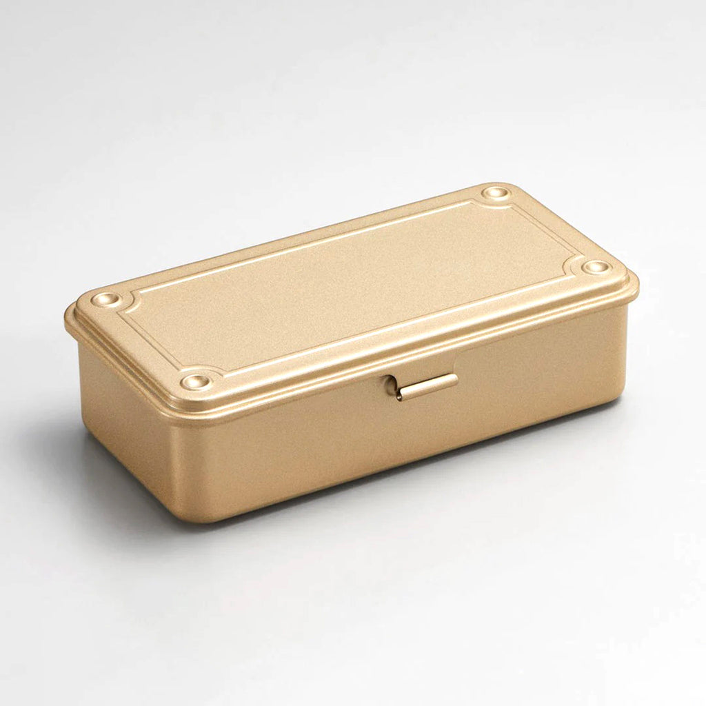 Ameico TOYO T-190 gold steel stackable storage box with flat lid. Angled to show front, top and side views.