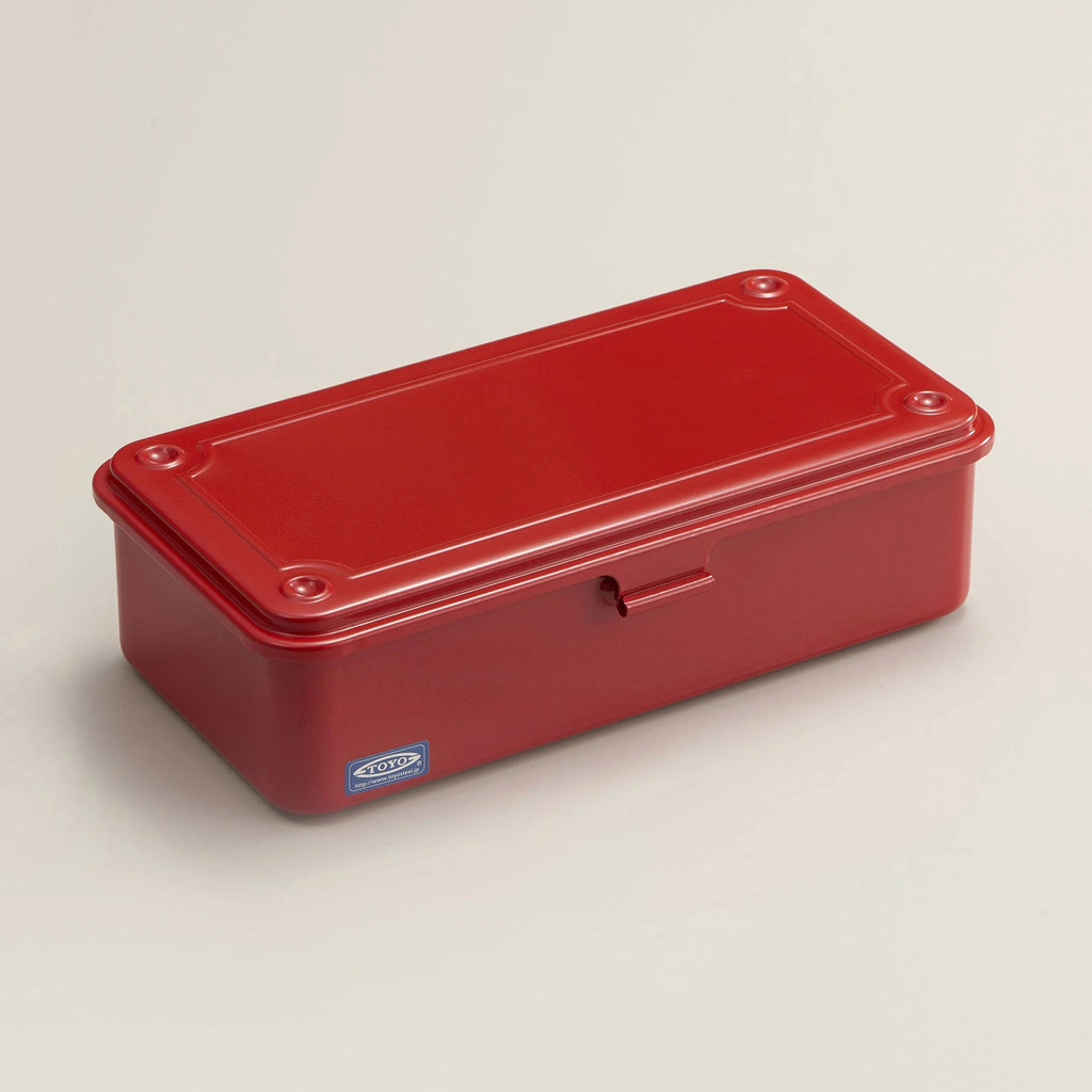 Ameico TOYO T-190 red steel stackable storage box with flat lid. Angled to show top, front and side views.