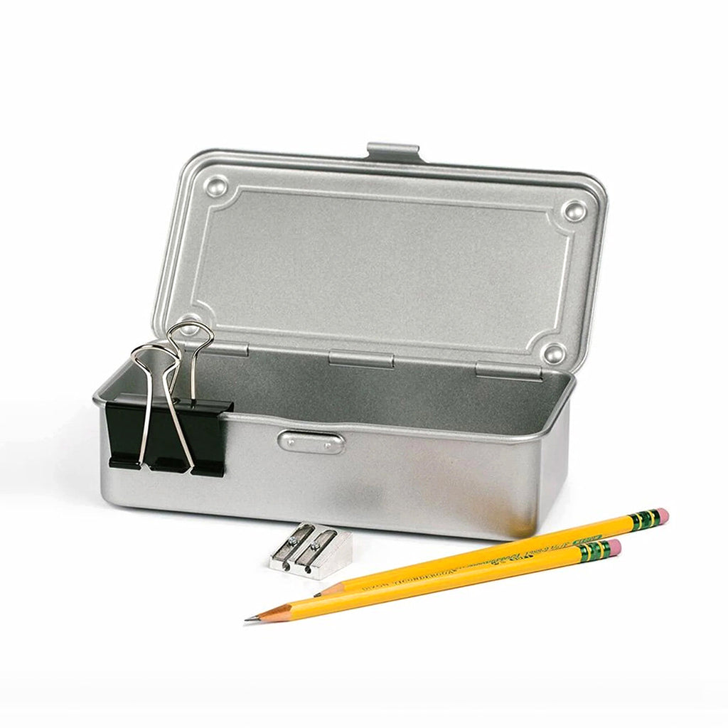 Ameico TOYO T-190 silver steel stackable storage box with flat lid. Lid is open to show inside along with pencils, a sharpener and a binder clip. Not shown for color.