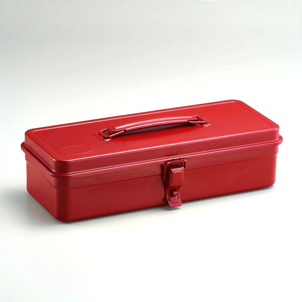 Ameico TOYO T-320 red steel toolbox with top handle and flat lid. Angled view shows the front, top and side views.
