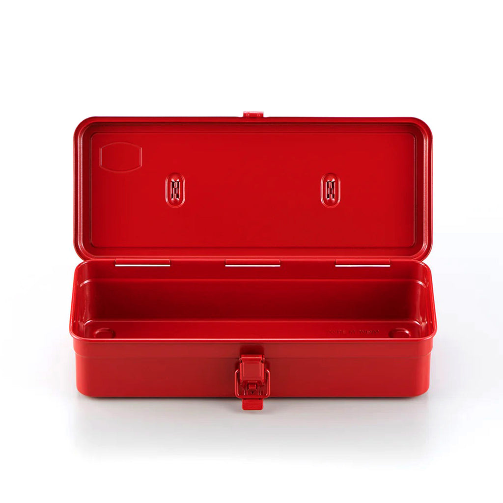 Ameico TOYO T-320 red steel toolbox with top handle and flat lid, front view with lid open.