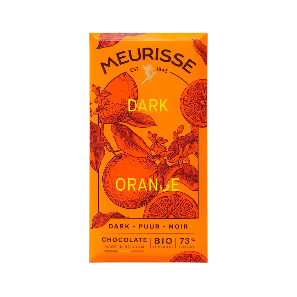 Ameico Meurisse Orange 73% dark chocolate bar in orange packaging with an illustration of oranges and blossoms on a tree branch.