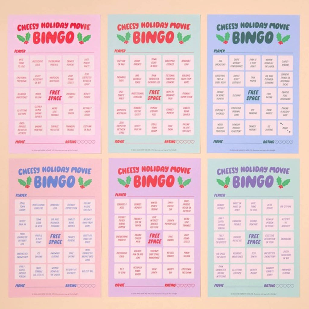 And Here We Are Cheesy Holiday Movie Night Bingo game boards in 6 styles.