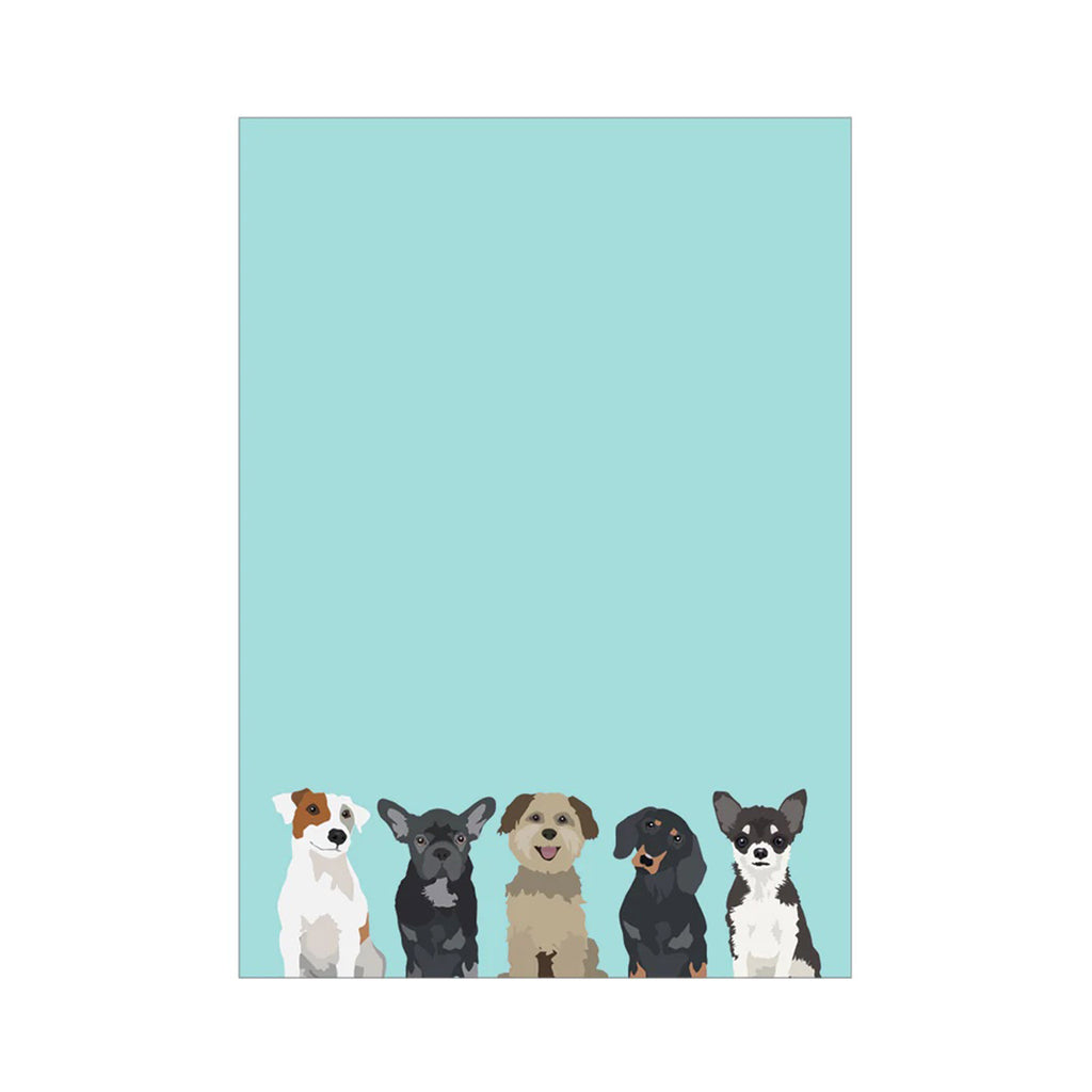 Apartment 2 Dogs Notepad, turquoise blue paper with illustrations of 5 different dog breeds at the bottom.