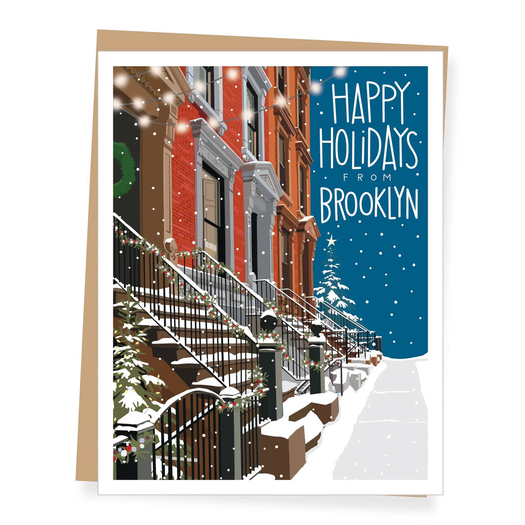 Holiday card with snowy Brooklyn street scene and 'Happy Holidays from Brooklyn' text.