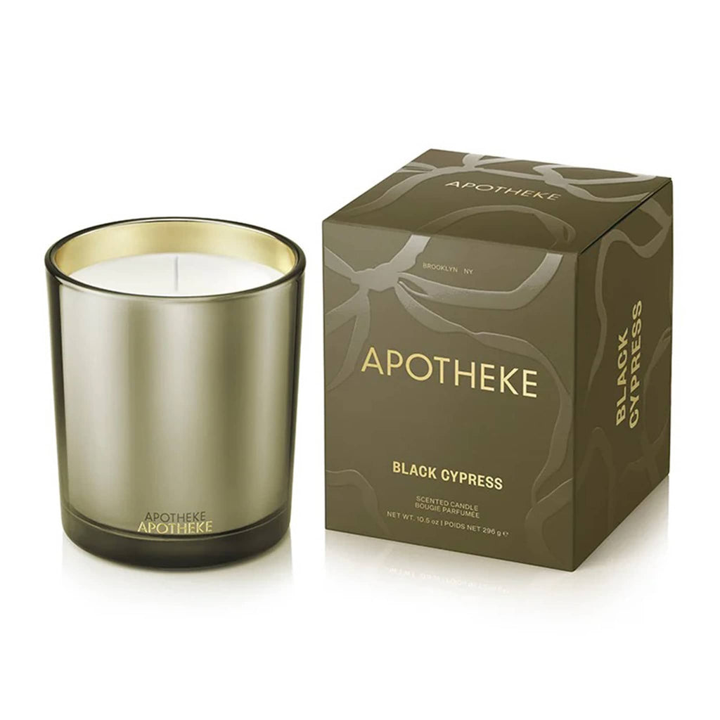 Apotheke Black Cypress olive green metallic candle and packaging on a white background.