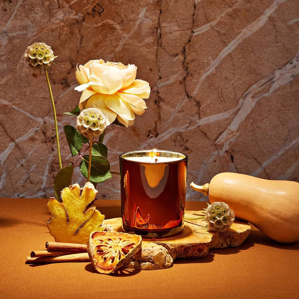 Pumpkin Ginger Classic Candle with flowers and spices on a stone surface.