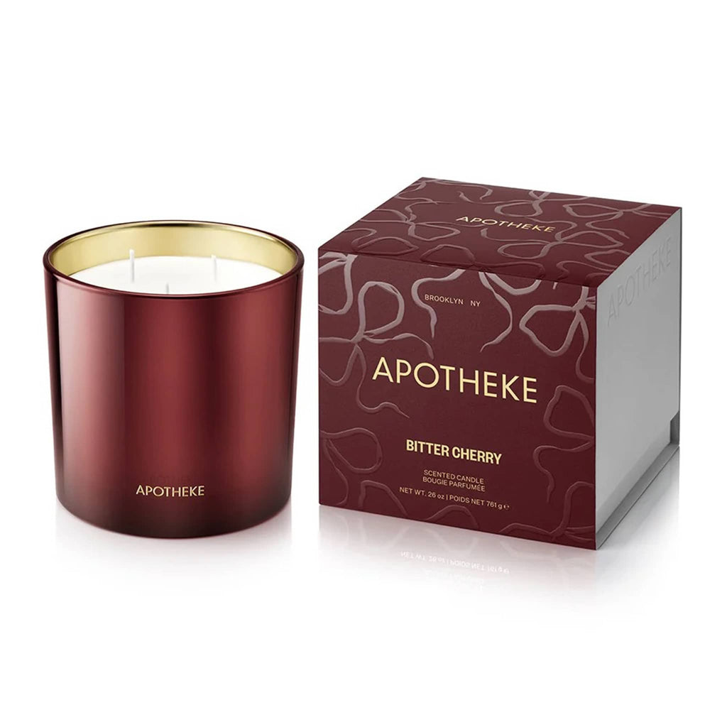 Apotheke Bitter Cherry 3-wick candle in deep red with red box packaging on a white background.