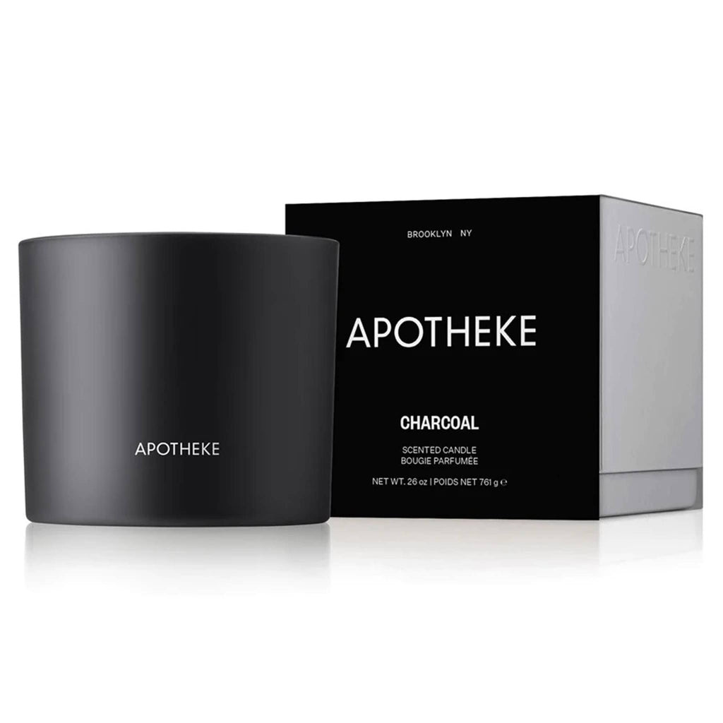 Apotheke 3-wick Charcoal scented soy wax blend candle in matte black glass vessel with black and white gift box, front view.