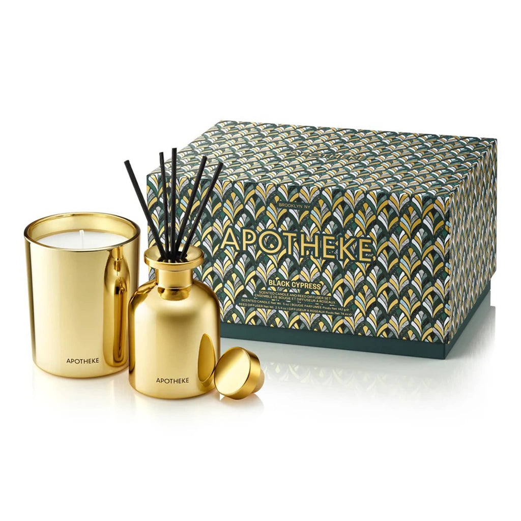 Apotheke Black Cypress scented limited edition mini gold candle and mini gold diffuser duo gift set with green and gold Art Deco pattern gift box.