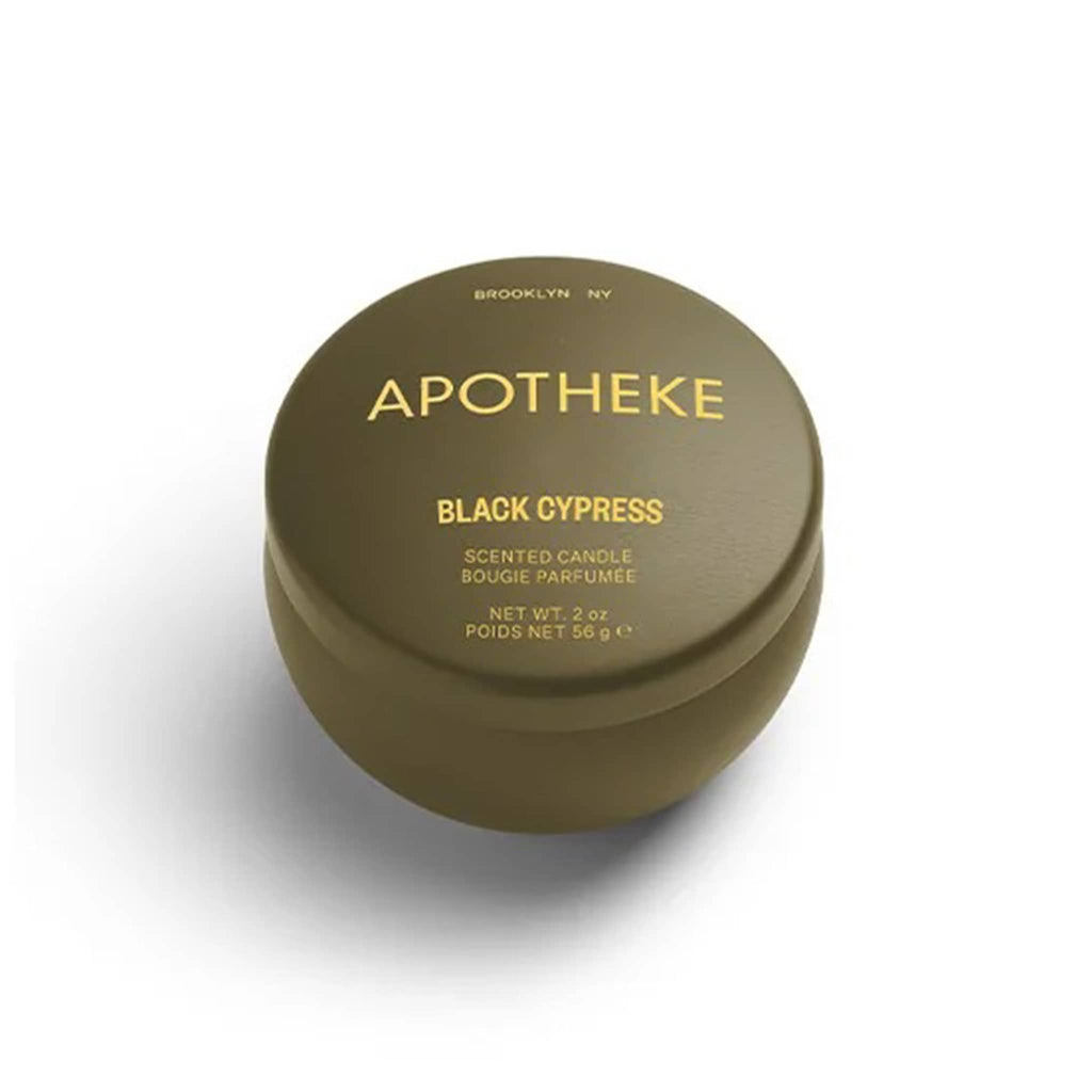 Apotheke Black Cypress mini tin scented candle on a white background.