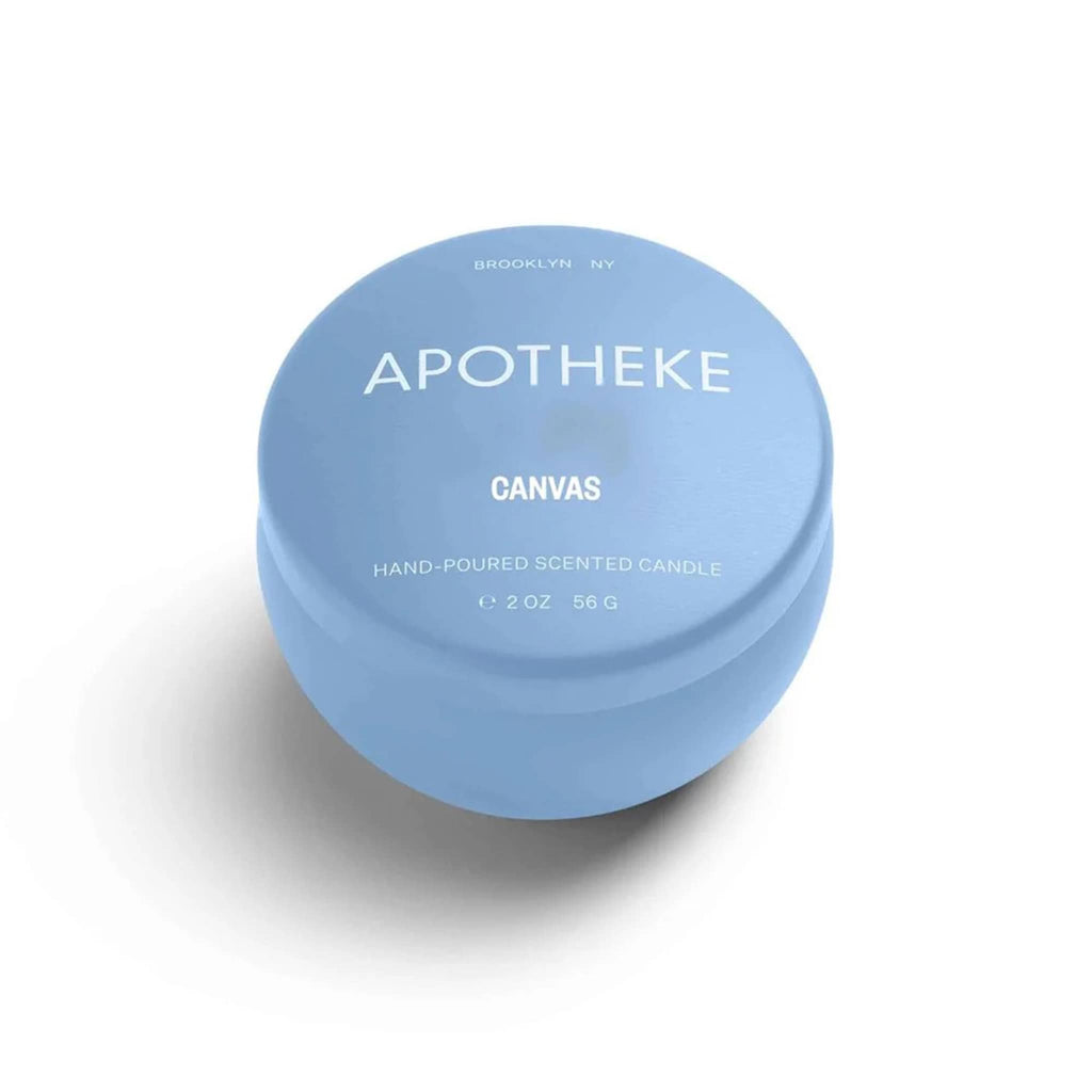 Apotheke Canvas scented soy blend candle in sky blue mini tin with lid.