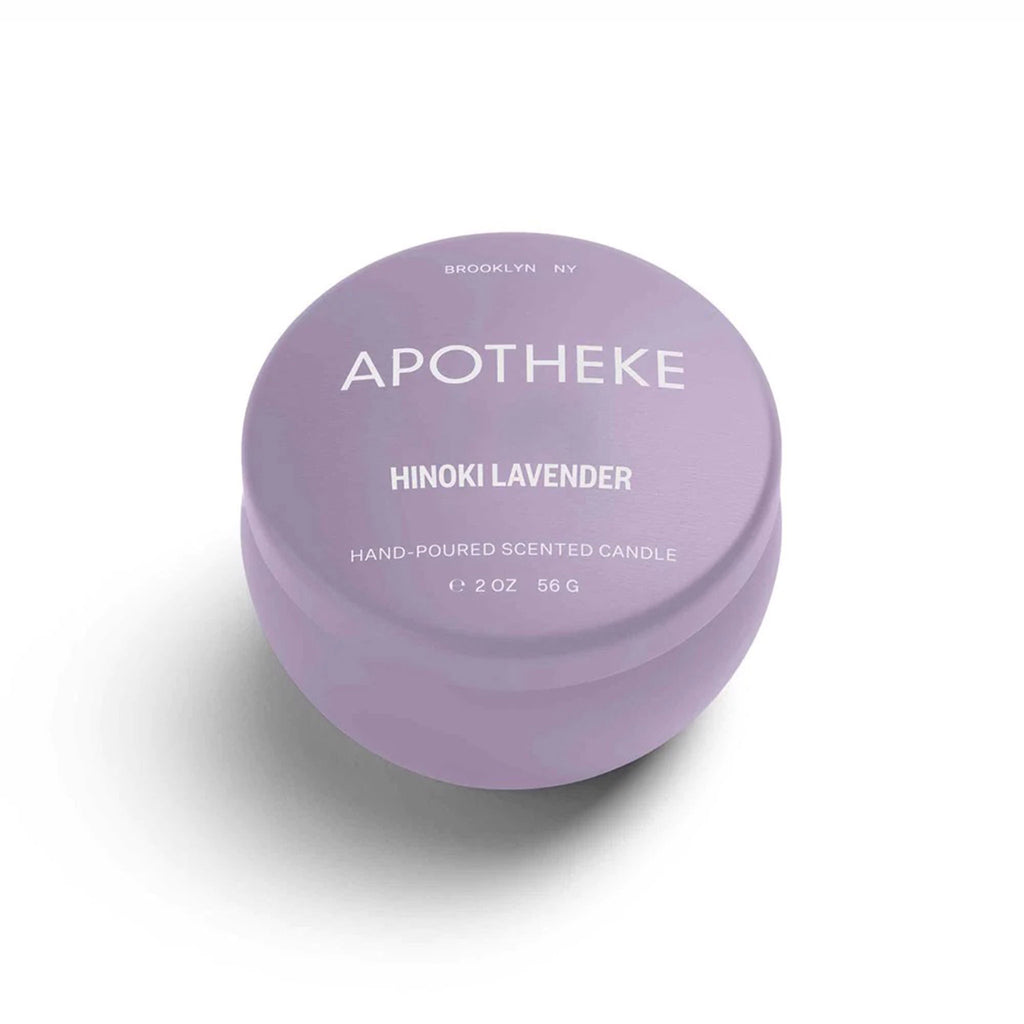 Apotheke Hinoki Lavender scented soy wax blend candle in mini lilac tin with lid.