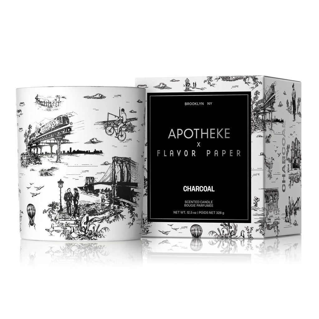 Apotheke x Flavor Paper Charcoal scented candle in white ceramic vessel with the Brooklyn Toile print in black and matching gift box.