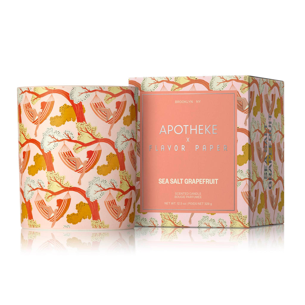 Apotheke x Flavor Paper Sea Salt Grapefruit scented candle in peach ceramic vessel with the Sway print and matching gift box.