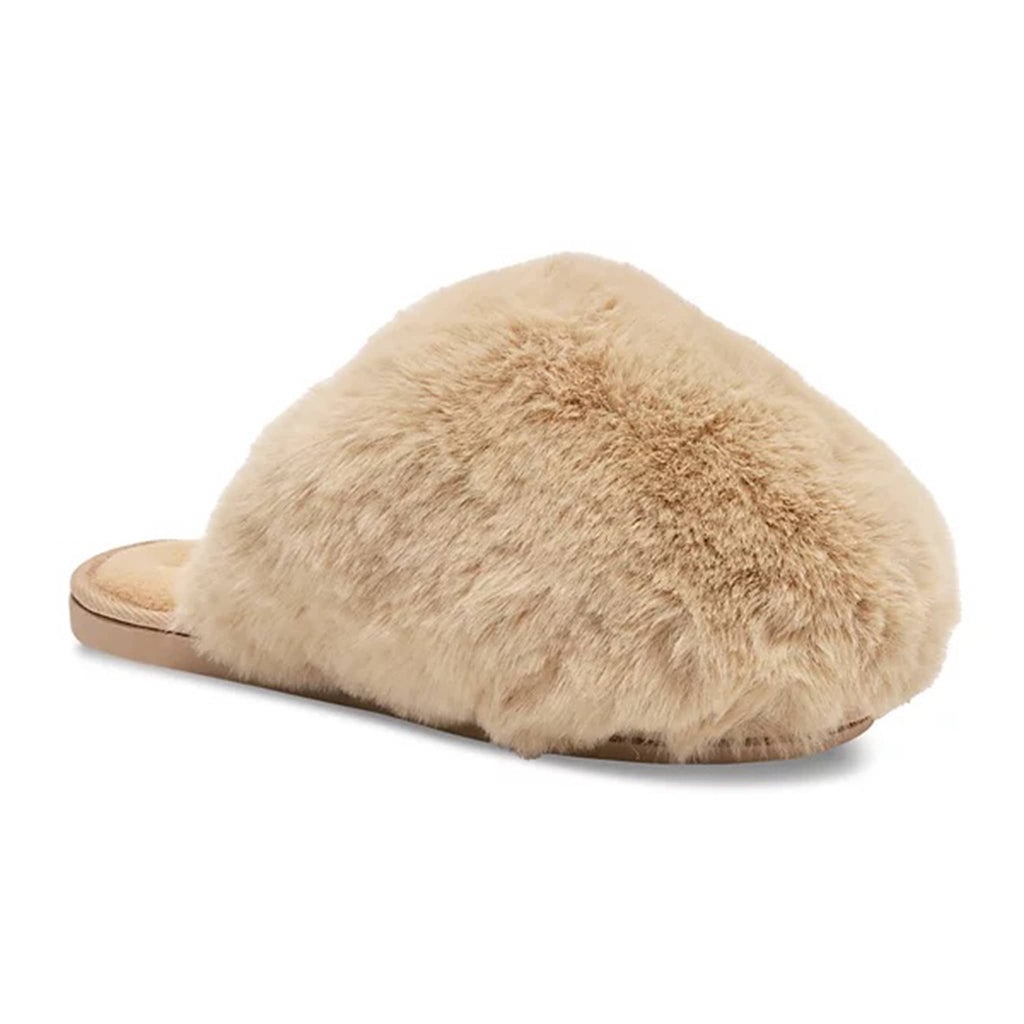 Tan faux fur snowball slipper, front angle view.