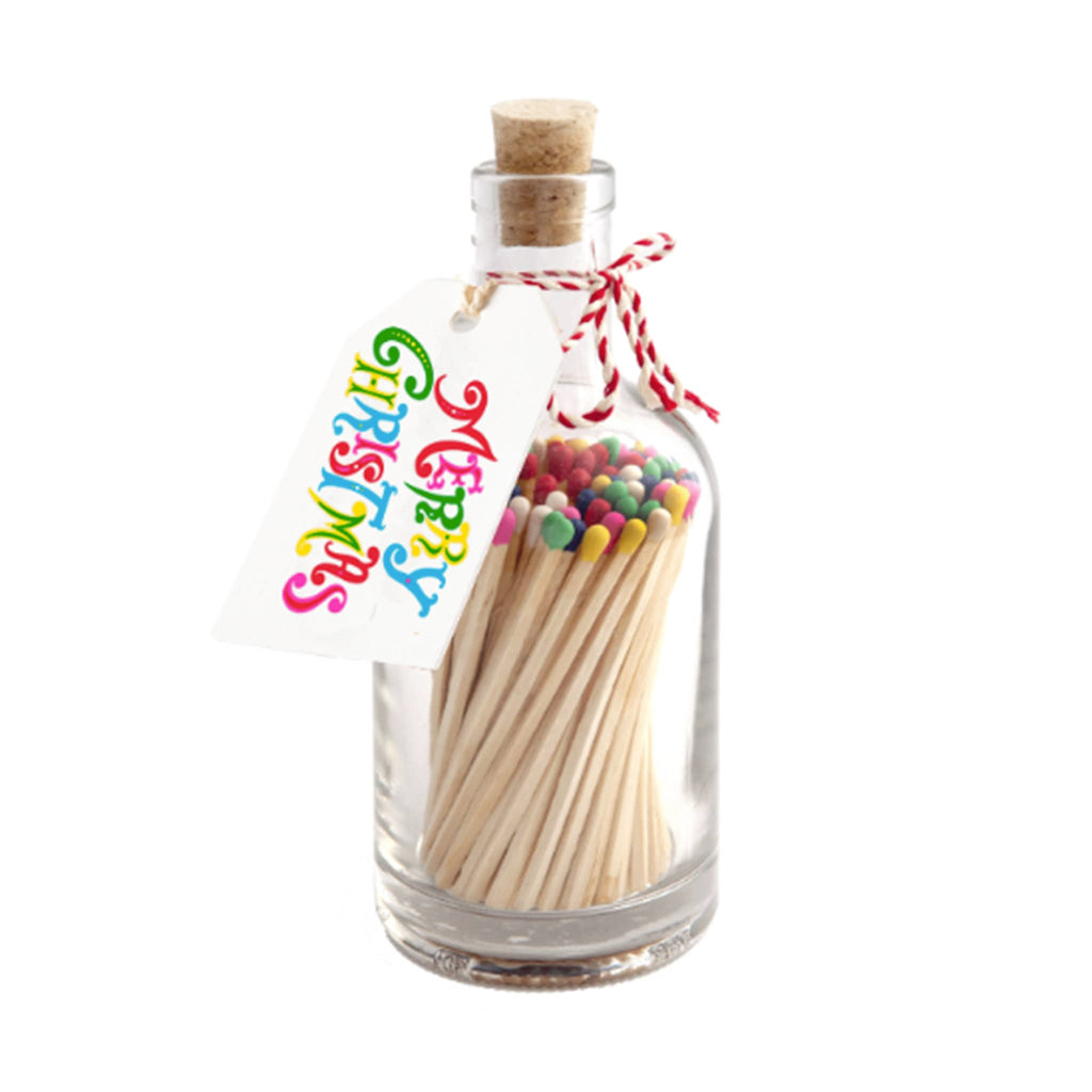 Archivist Gallery Colorful Merry Christmas match bottle with rainbow color tipped safety matches.