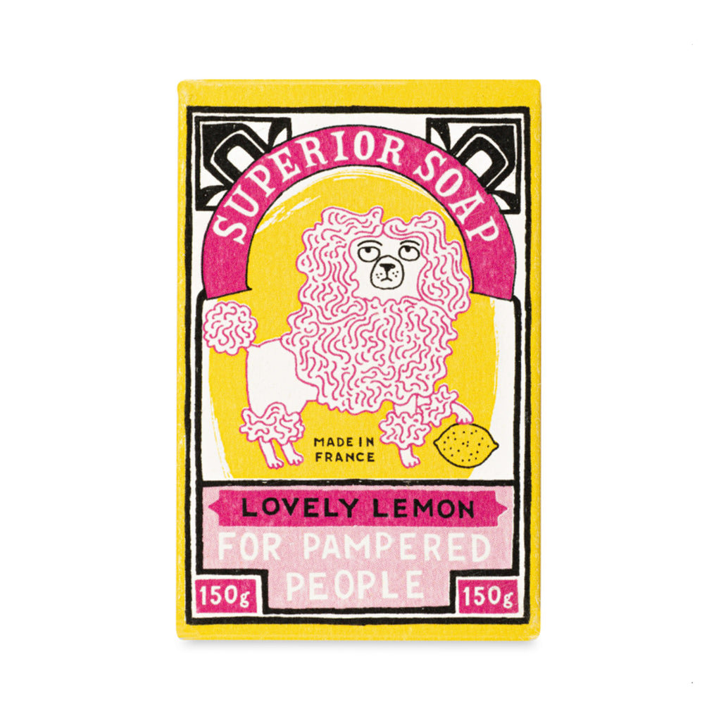 Archivist Gallery Lemon Scented hand bar soap with yellow box packaging with a pink poodle illustration, front view.
