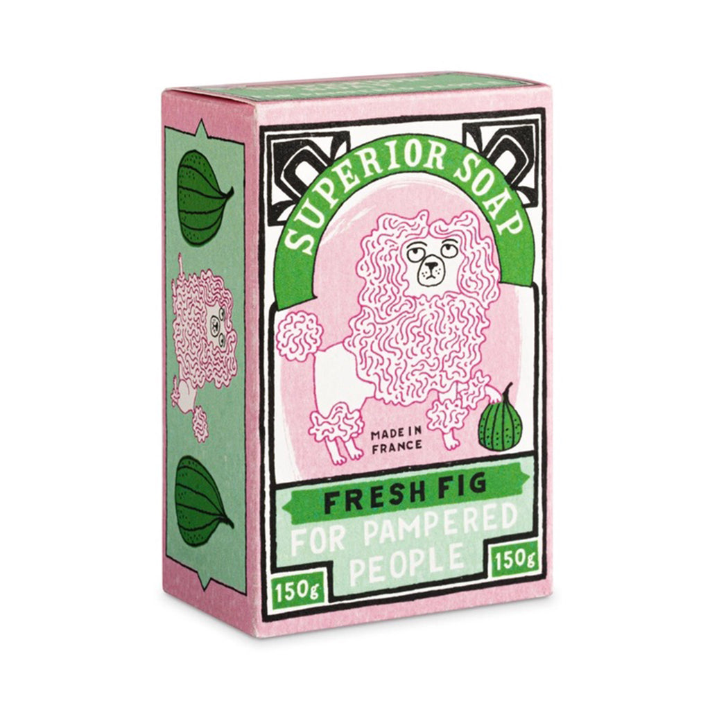Archivist Gallery Fresh Fig scented hand bar soap in green box packaging with a pink poodle illustration, front angle.