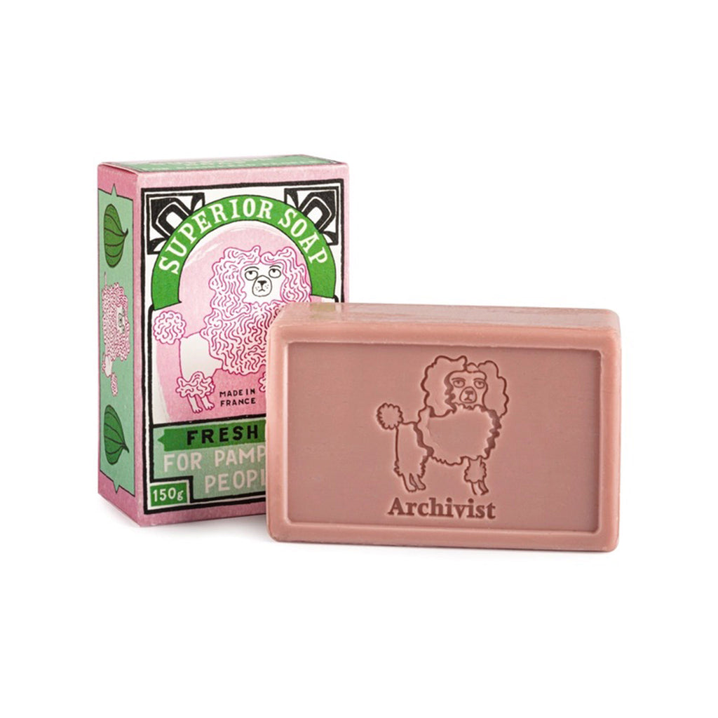Archivist Gallery Fresh Fig scented pink bar soap with green box packaging with a pink poodle illustration.