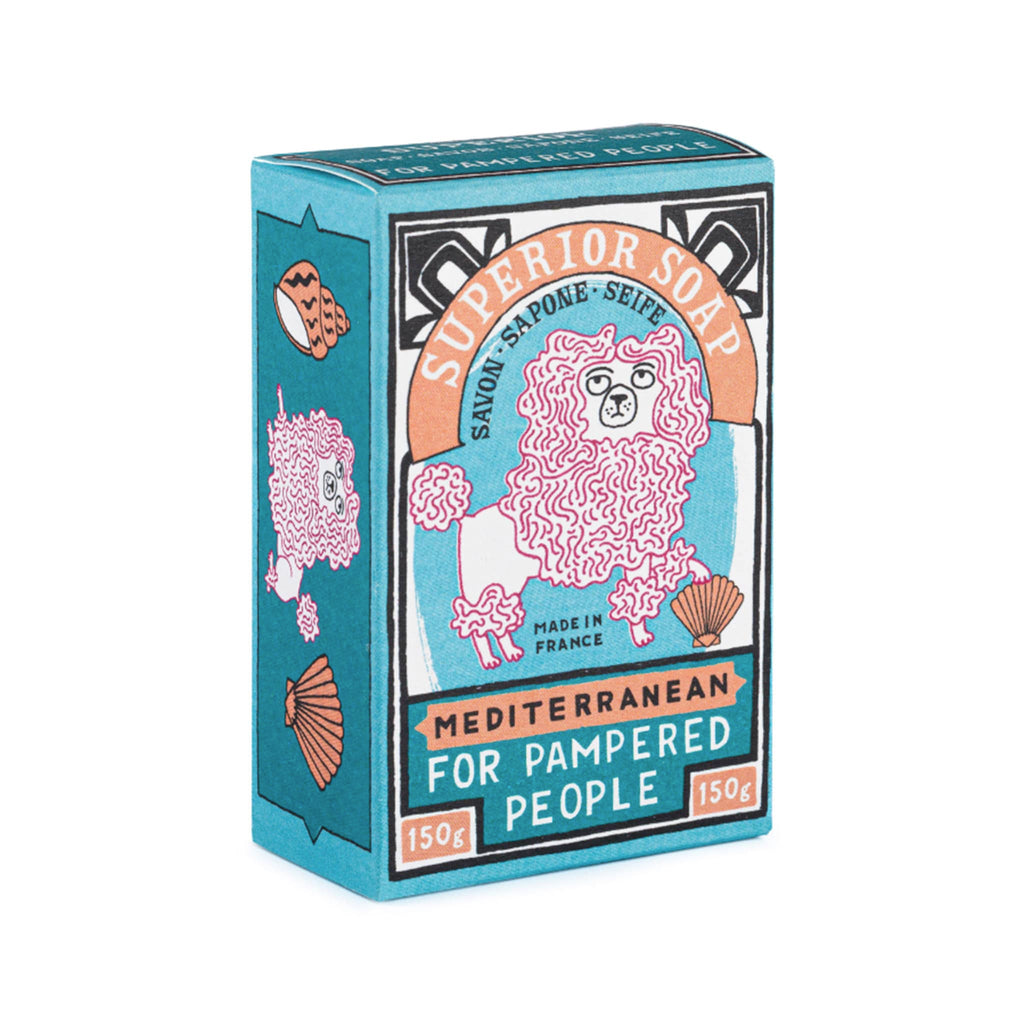 Archivist Gallery Mediterranean Scented Bar Hand Soap in blue box packaging with a pink poodle illustration, front angle.
