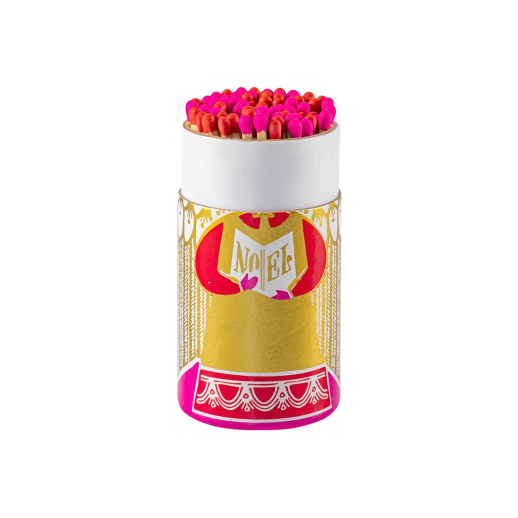 Cylindrical container with pink and red matches on a white background.