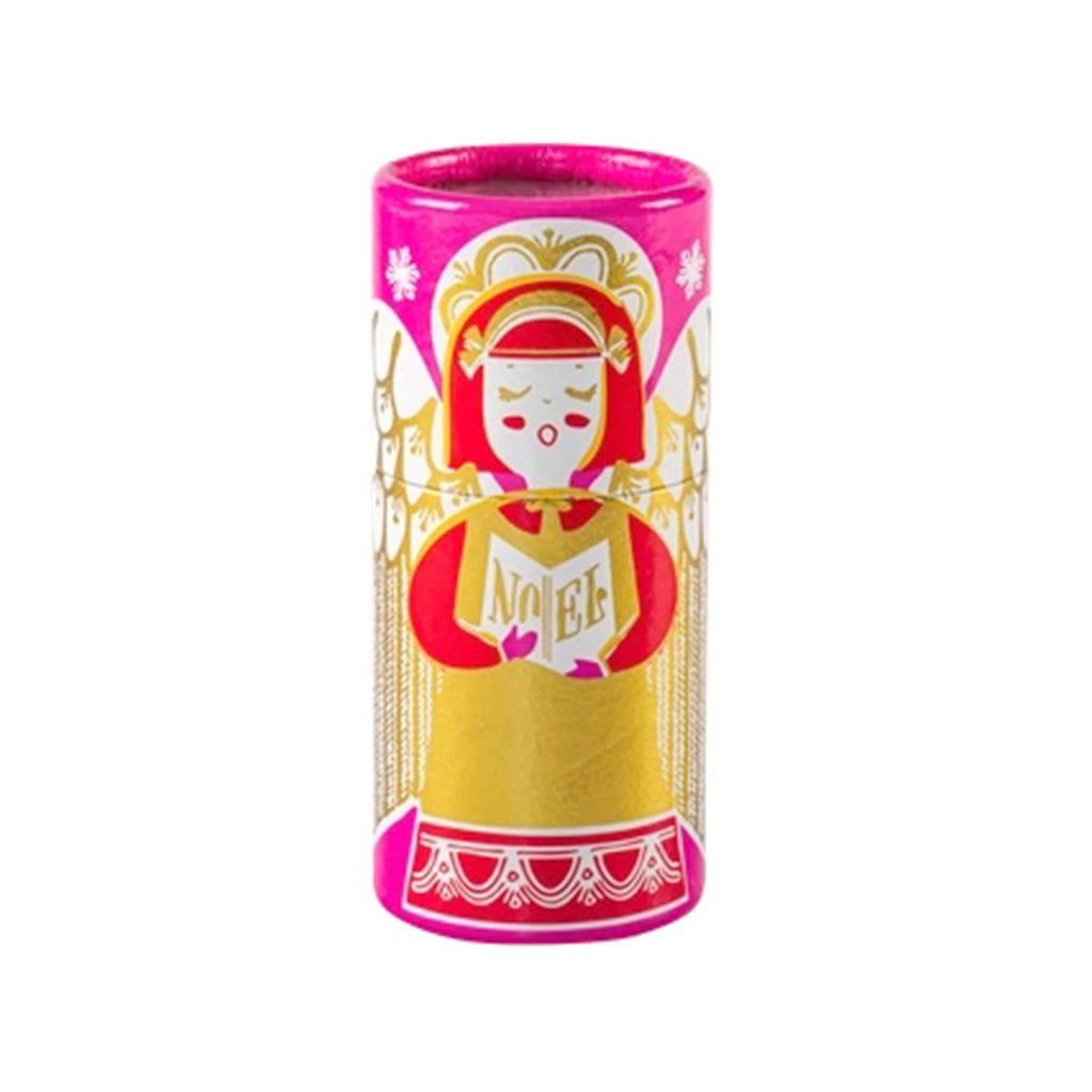 Decorative cylindrical container with angel singing design on a white background.