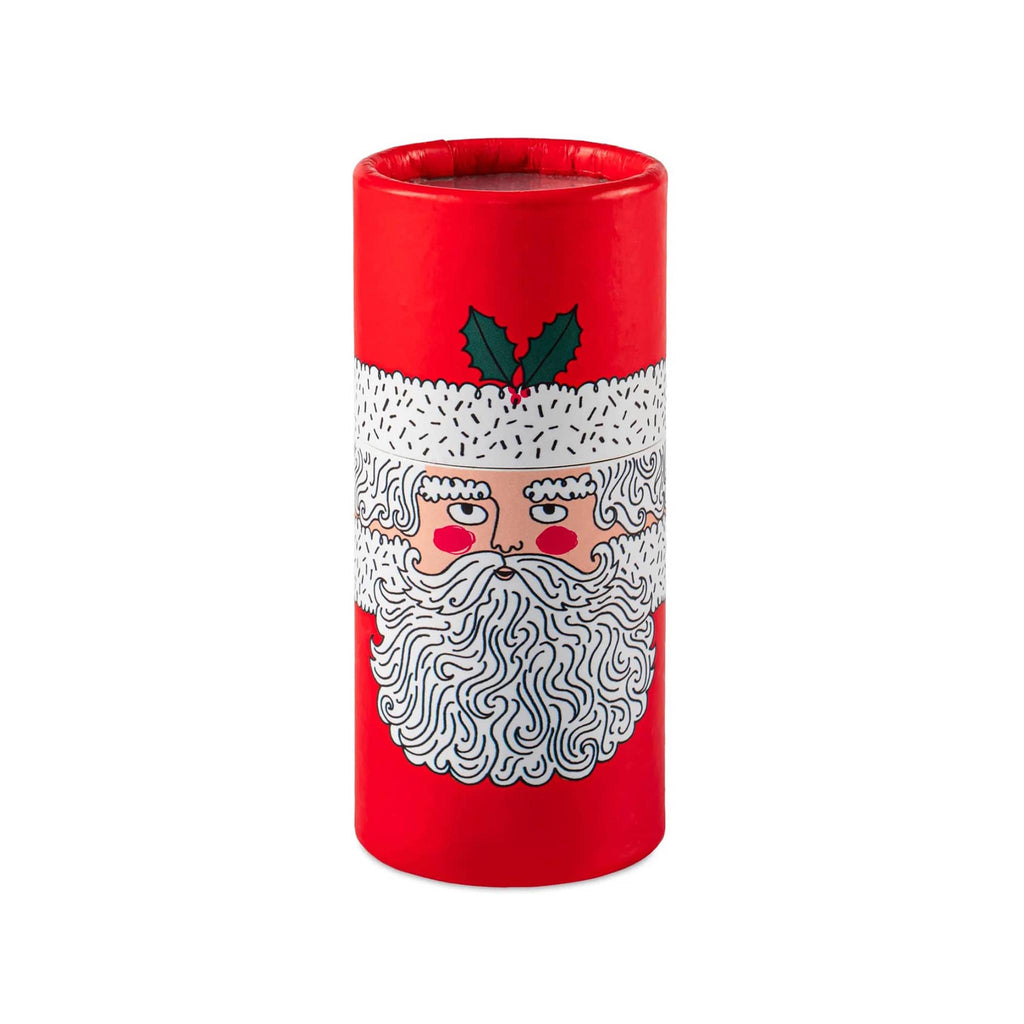 Red cylindrical container with a Santa Claus face design on a white background.