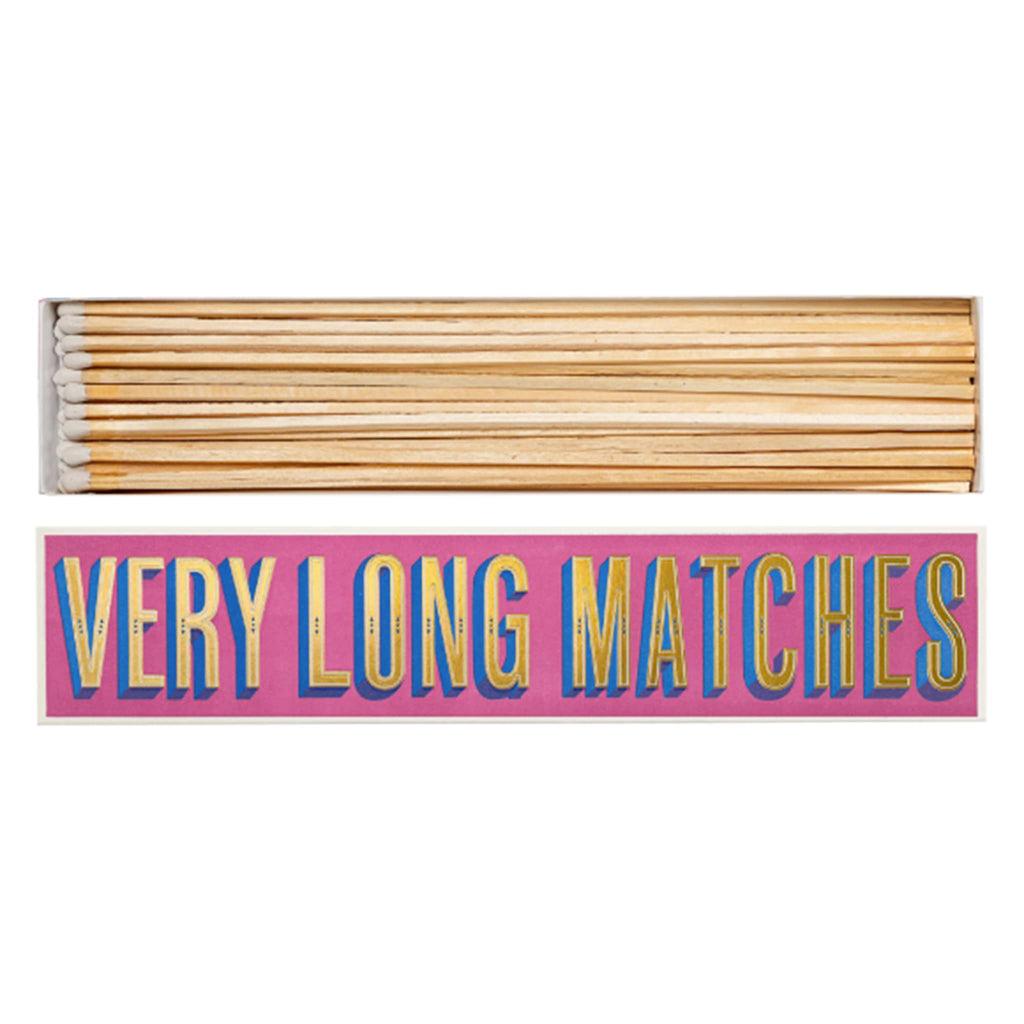 Archivist Gallery Very Long Matches match box with long wooden matches, top and inside view.