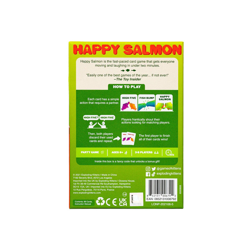 Asmodee Happy Salmon card party game in box packaging, back view.