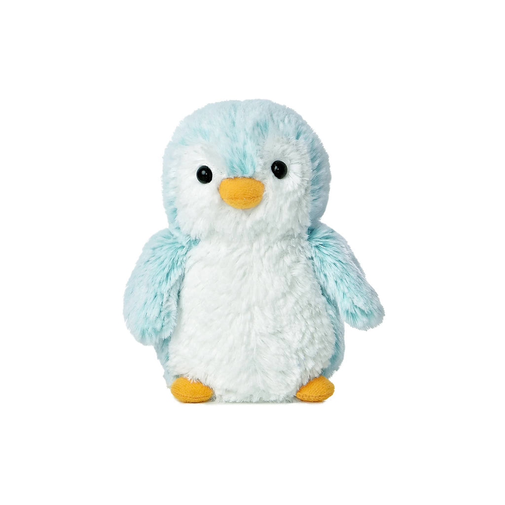 Plush toy penguin with blue and white fur on a white background.