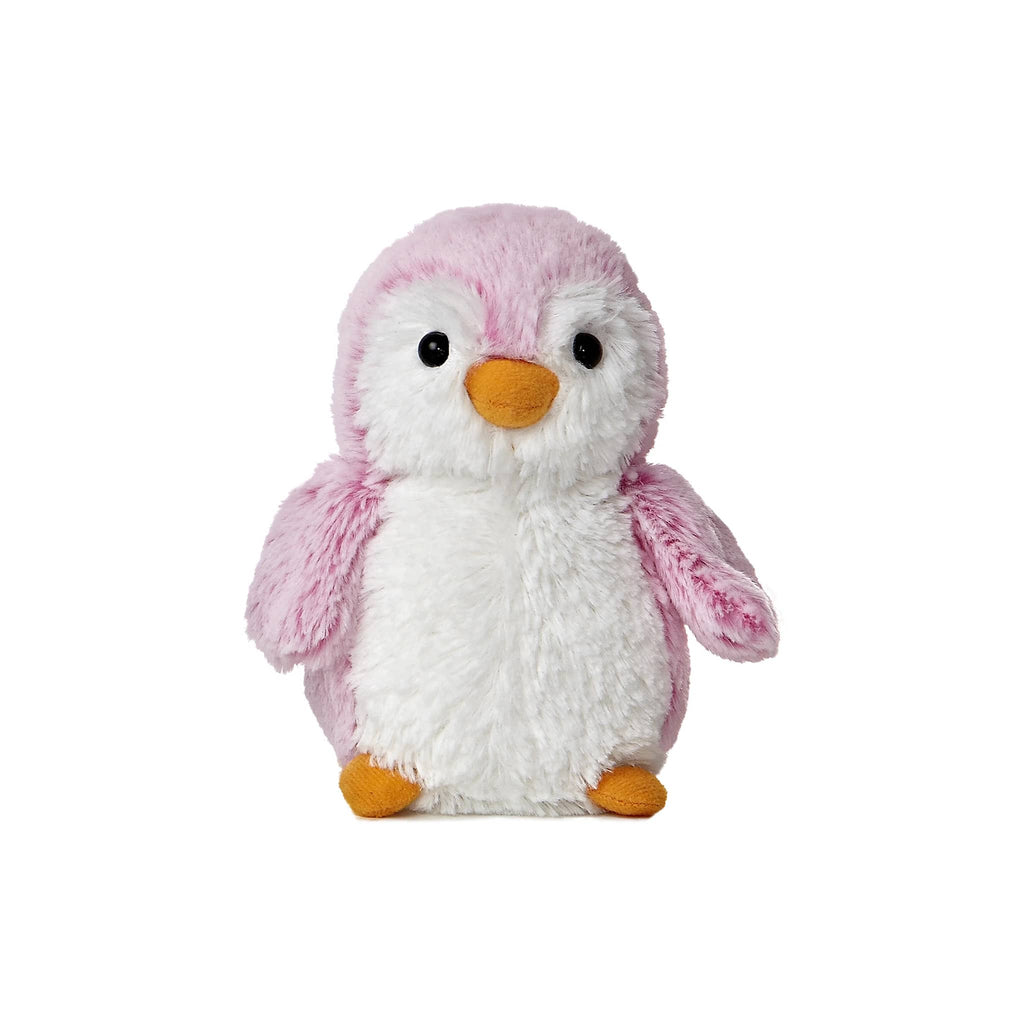 Plush pink and white penguin toy on a white background.