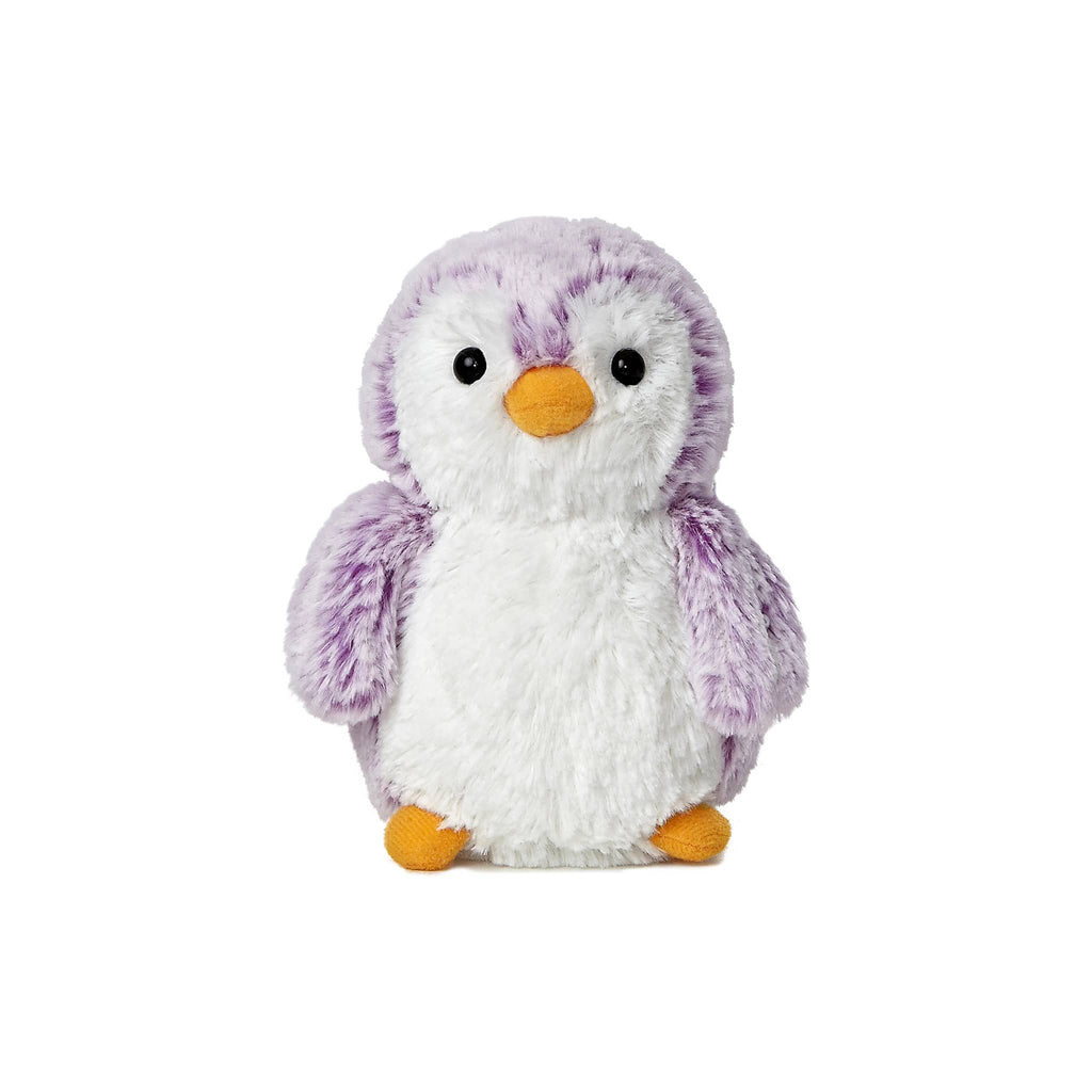 Plush toy penguin with purple and white body on a white background.