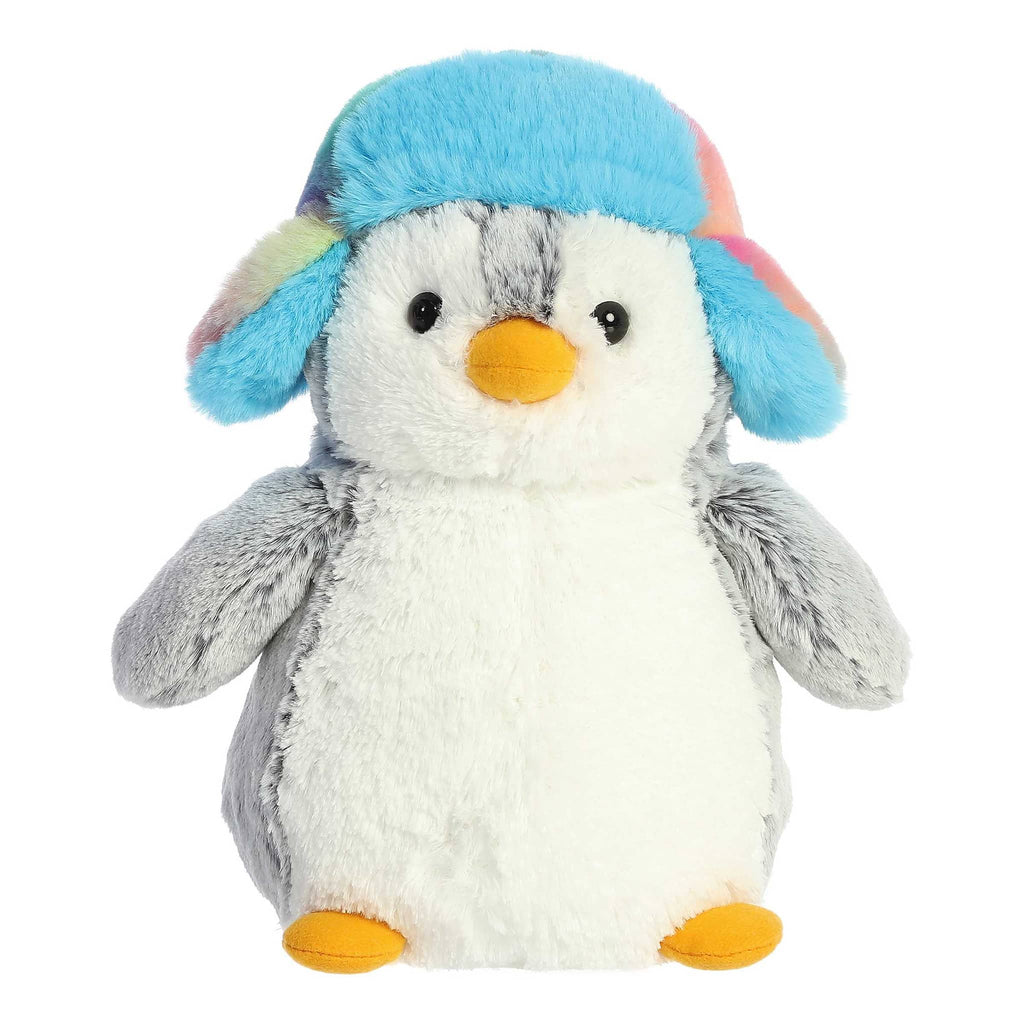 Plush penguin toy with a colorful trapper hat, front view, on a white background.