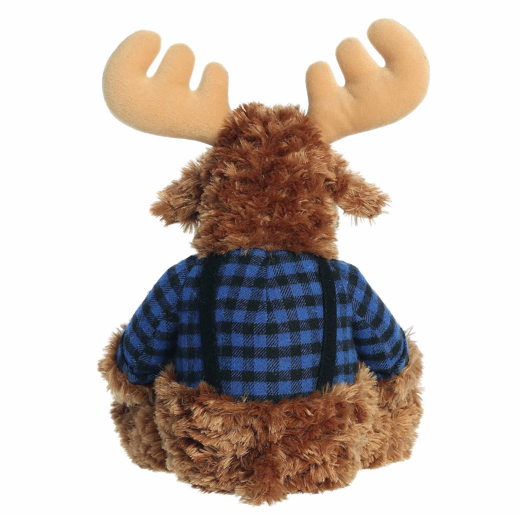 Plush moose toy wearing a blue flannel shirt, back view, on a white background.