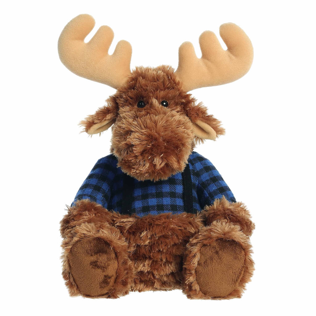 Plush moose toy wearing a blue flannel shirt, front view, on a white background.
