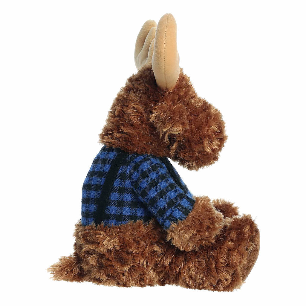 Plush moose toy wearing a blue flannel shirt, side view, on a white background.